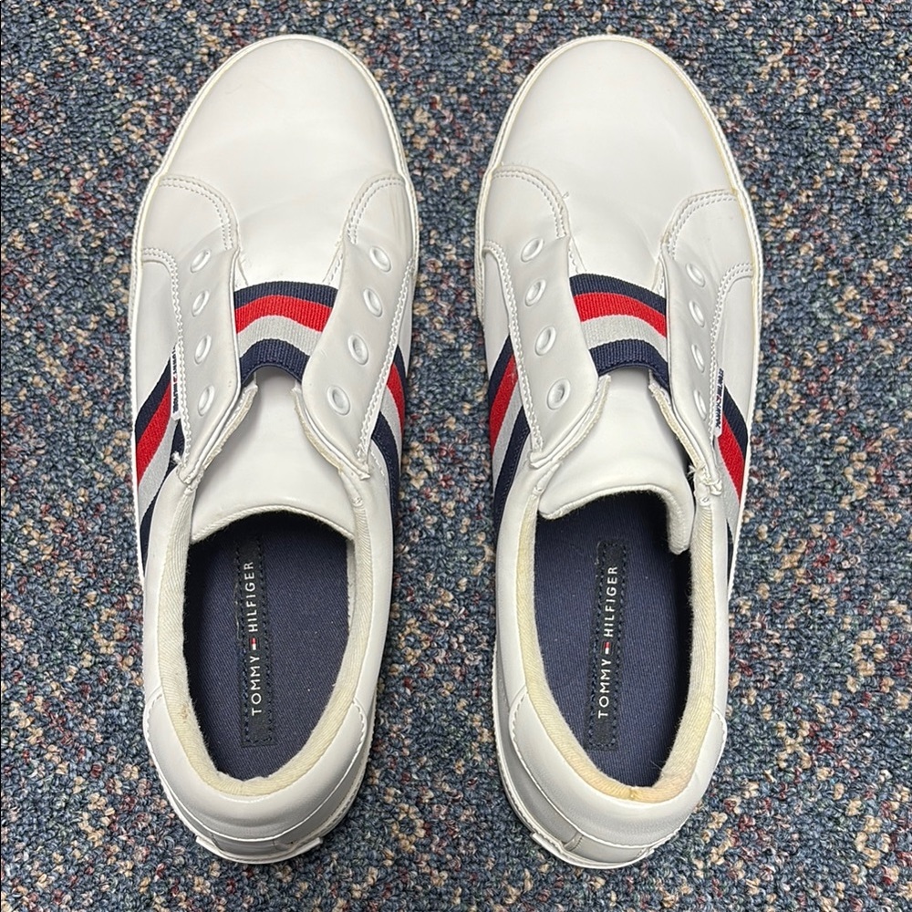 Preloved Tommy Hilfiger White and Red Slip-On Sneakers size 9